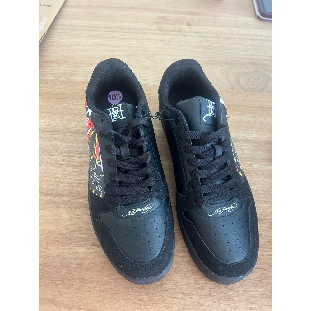 Ed Hardy Mens EH Court-T Black Tattoo Graphics Sneakers Skull Flames Size 10.5